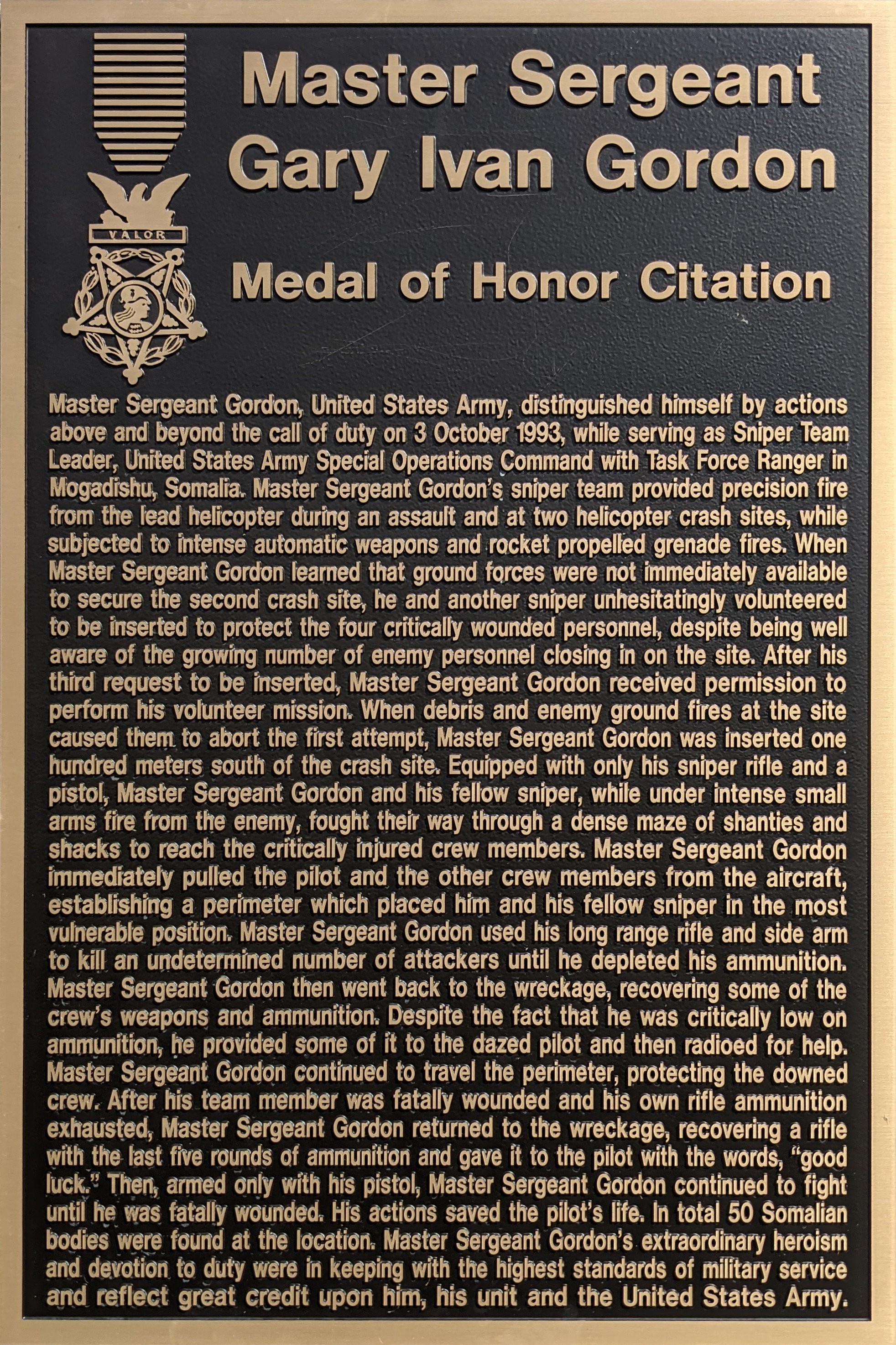 MSG Gary Gordon's Metal of Honor citation plaque